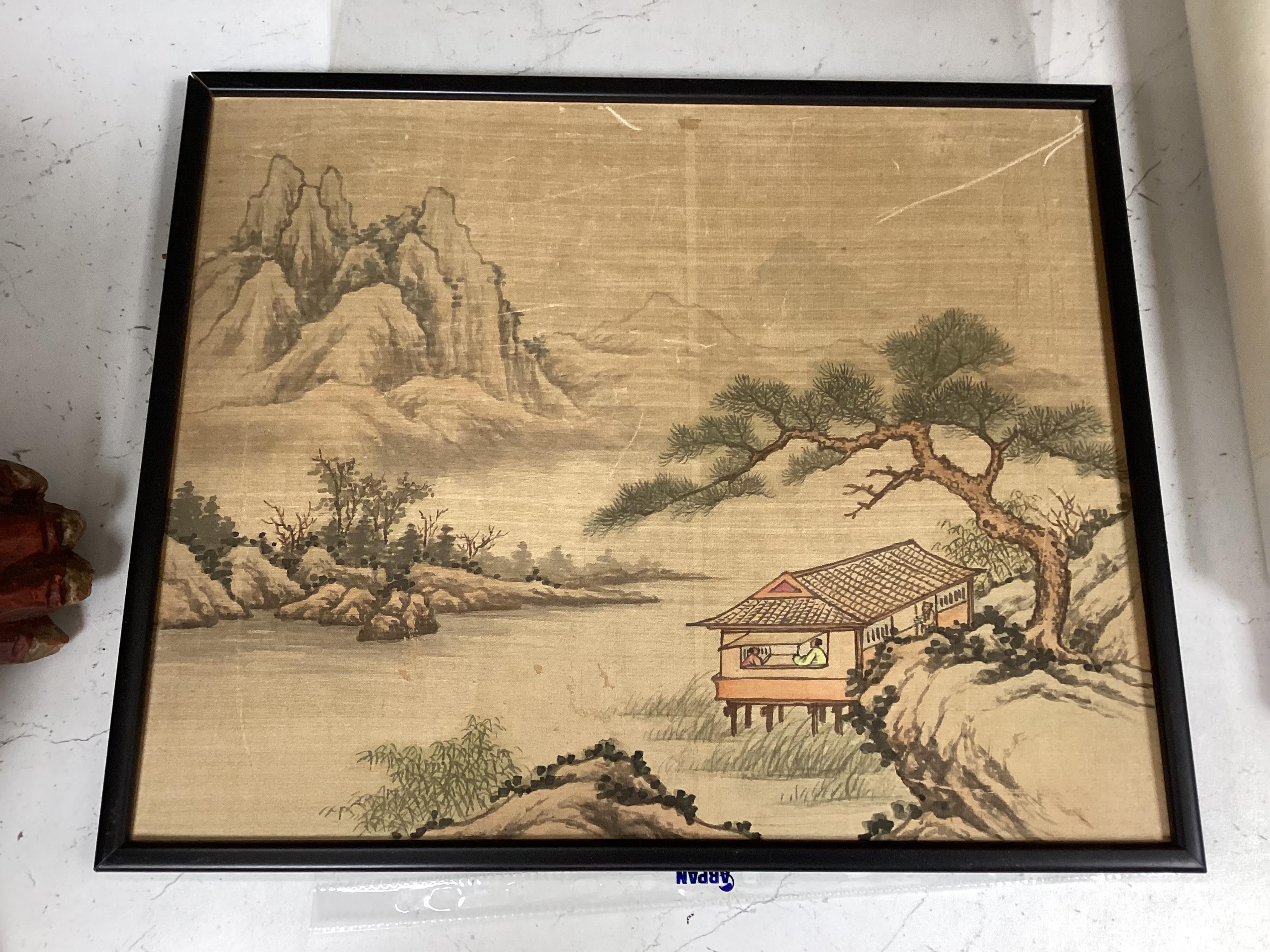 Four Japanese paintings on silk, and two woodblock prints, one after Shinsai, largest 30x25cm